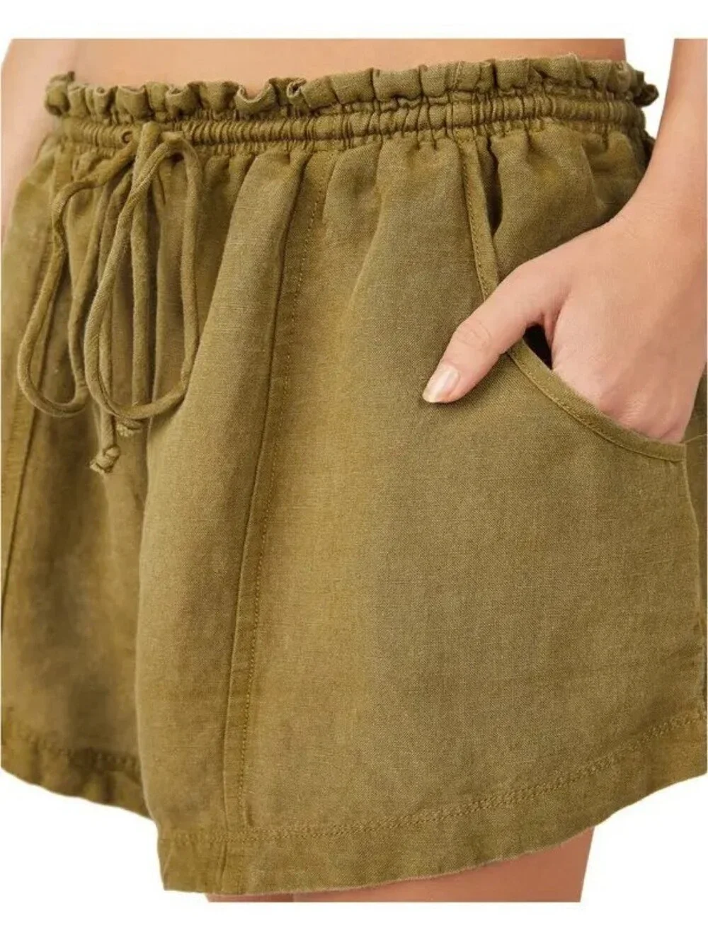 Free People Mirella Linen Blend Drawstring Shorts Size Medium Viper Olive Green